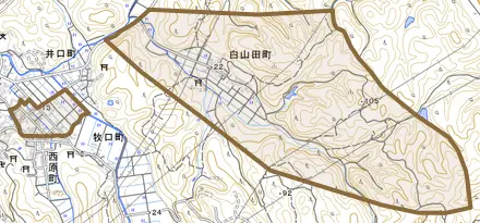 白山田町とその周辺の地図。町の範囲を重ねている