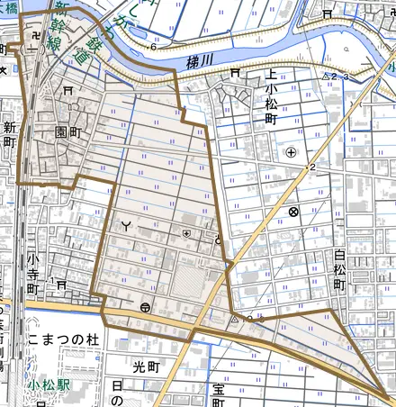 園町とその周辺の地図。町の範囲を重ねている