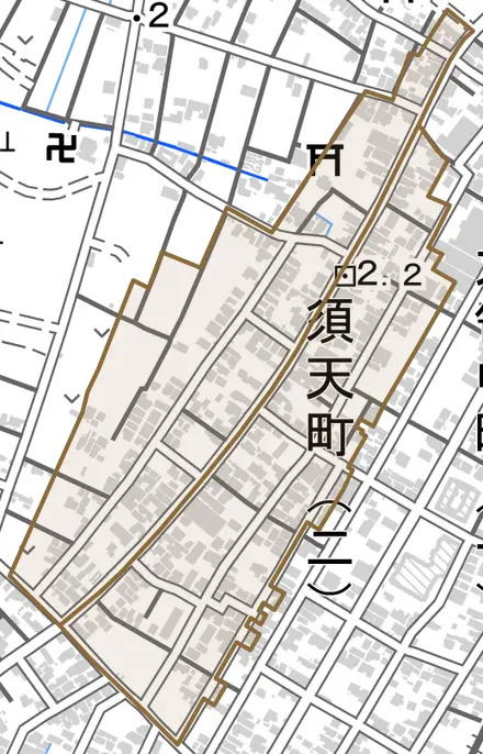 須天町とその周辺の地図。町の範囲を重ねている