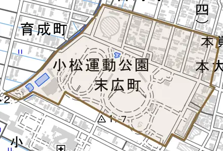 末広町とその周辺の地図。町の範囲を重ねている