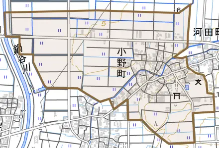 小野町とその周辺の地図。町の範囲を重ねている