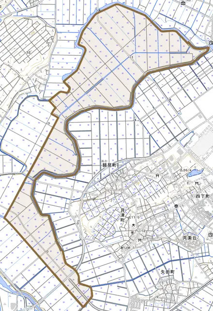 湖東町とその周辺の地図。町の範囲を重ねている