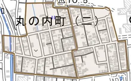 丸の内町とその周辺の地図。町の範囲を重ねている
