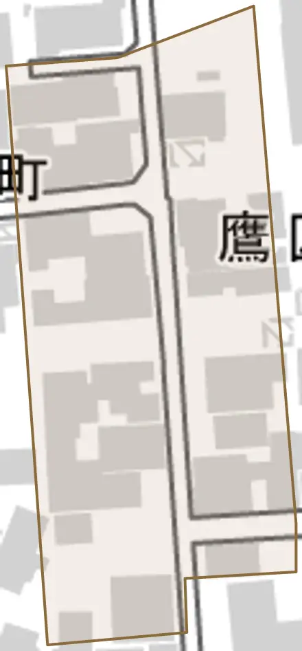 鷹匠町とその周辺の地図。町の範囲を重ねている
