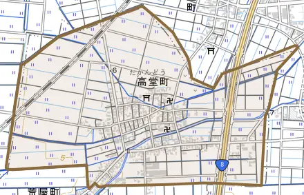高堂町とその周辺の地図。町の範囲を重ねている