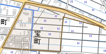 宝町とその周辺の地図。町の範囲を重ねている