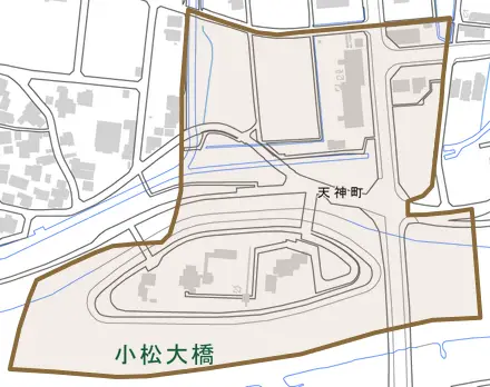 天神町とその周辺の地図。町の範囲を重ねている