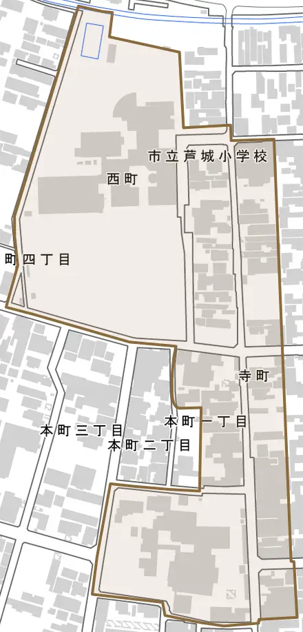 寺町とその周辺の地図。町の範囲を重ねている