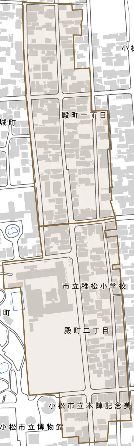 殿町とその周辺の地図。町の範囲を重ねている