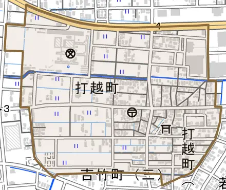 打越町とその周辺の地図。町の範囲を重ねている