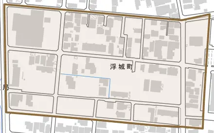 浮城町とその周辺の地図。町の範囲を重ねている