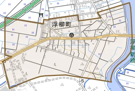 浮柳町とその周辺の地図。町の範囲を重ねている