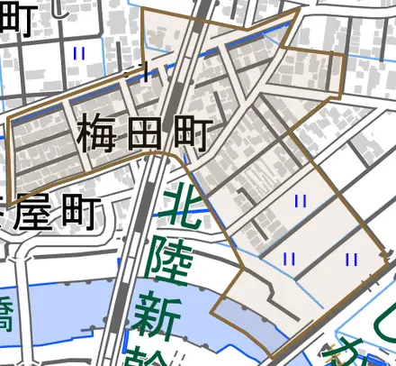 梅田町とその周辺の地図。町の範囲を重ねている