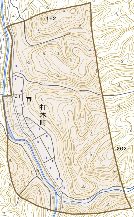 打木町とその周辺の地図。町の範囲を重ねている