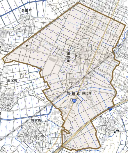 矢田野町とその周辺の地図。町の範囲を重ねている