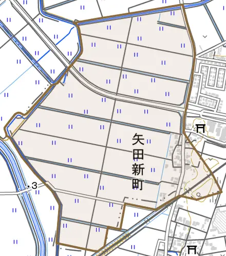 矢田新町とその周辺の地図。町の範囲を重ねている