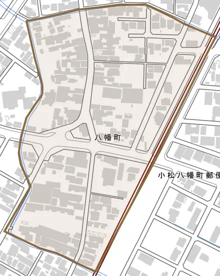 八幡町とその周辺の地図。町の範囲を重ねている