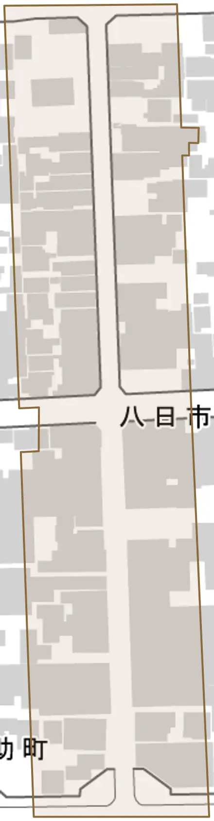 八日市町とその周辺の地図。町の範囲を重ねている