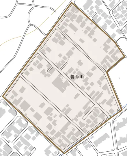 義仲町とその周辺の地図。町の範囲を重ねている
