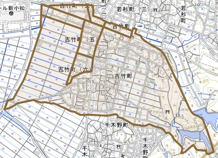 吉竹町とその周辺の地図。町の範囲を重ねている