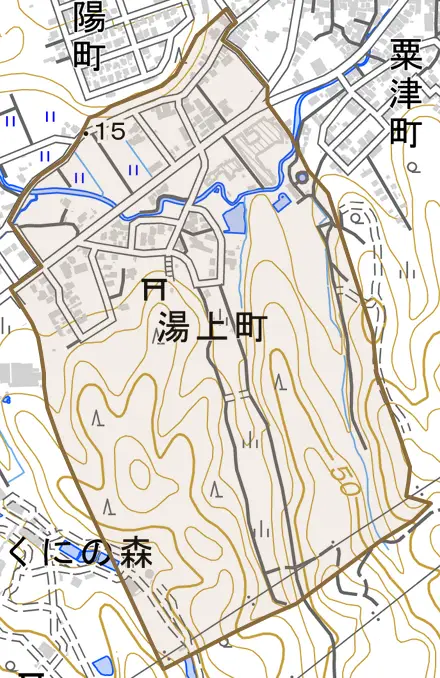 湯上町とその周辺の地図。町の範囲を重ねている