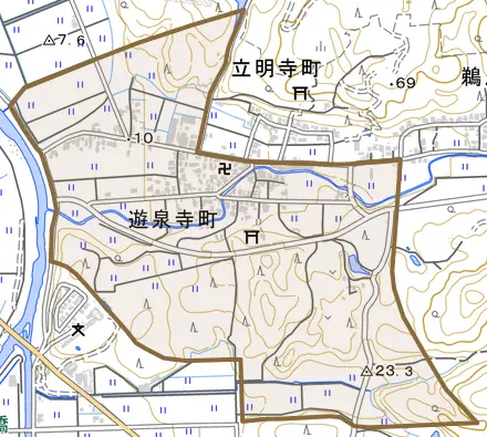 遊泉寺町とその周辺の地図。町の範囲を重ねている