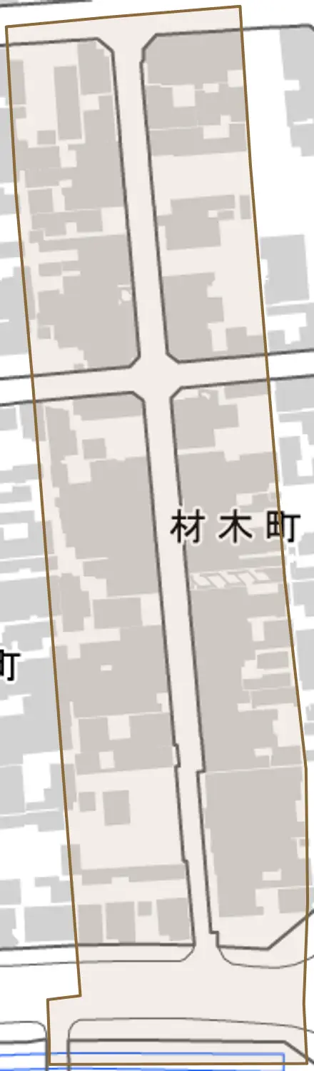 材木町とその周辺の地図。町の範囲を重ねている