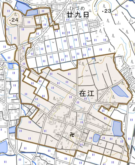在江とその周辺の地図。町の範囲を重ねている