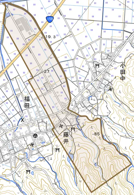 藤井とその周辺の地図。町の範囲を重ねている
