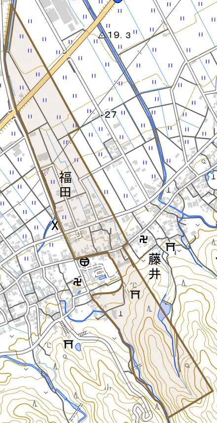 福田とその周辺の地図。町の範囲を重ねている