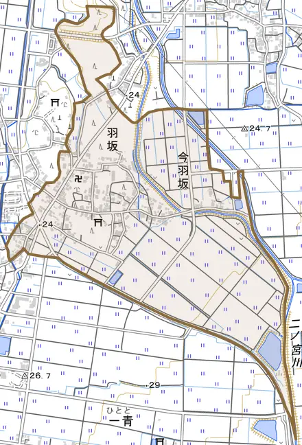 羽坂とその周辺の地図。町の範囲を重ねている