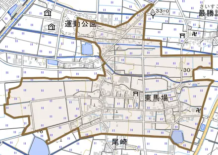 東馬場とその周辺の地図。町の範囲を重ねている