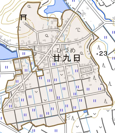 廿九日とその周辺の地図。町の範囲を重ねている