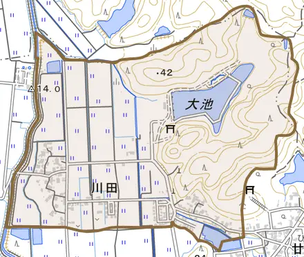 川田とその周辺の地図。町の範囲を重ねている