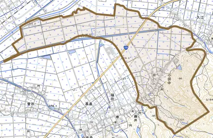 小田中とその周辺の地図。町の範囲を重ねている