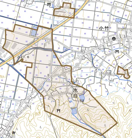 水白とその周辺の地図。町の範囲を重ねている