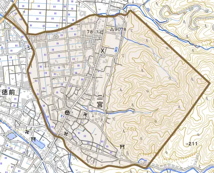 二宮とその周辺の地図。町の範囲を重ねている