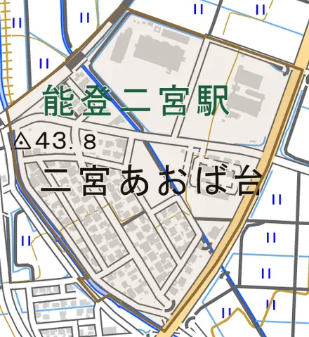二宮あおば台とその周辺の地図。町の範囲を重ねている