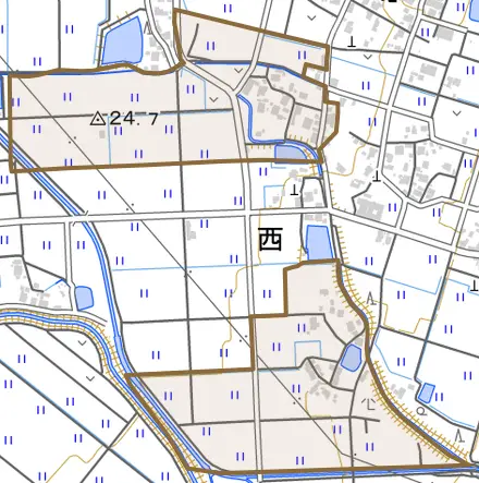 西とその周辺の地図。町の範囲を重ねている