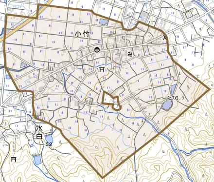 小竹とその周辺の地図。町の範囲を重ねている