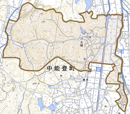 大槻とその周辺の地図。町の範囲を重ねている