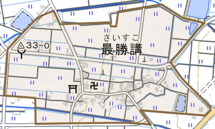 最勝講とその周辺の地図。町の範囲を重ねている