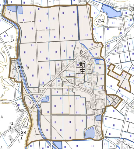 新庄とその周辺の地図。町の範囲を重ねている