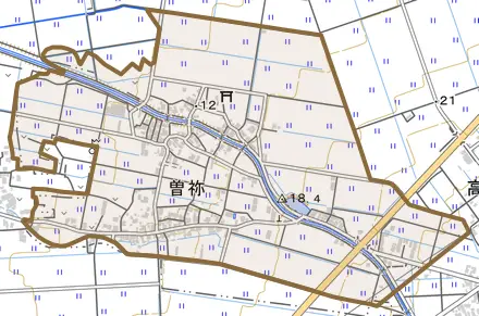 曽祢とその周辺の地図。町の範囲を重ねている