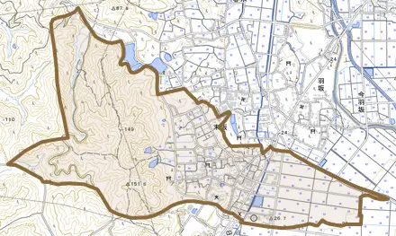 末坂とその周辺の地図。町の範囲を重ねている