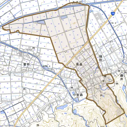 高畠とその周辺の地図。町の範囲を重ねている