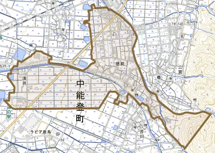 徳前とその周辺の地図。町の範囲を重ねている