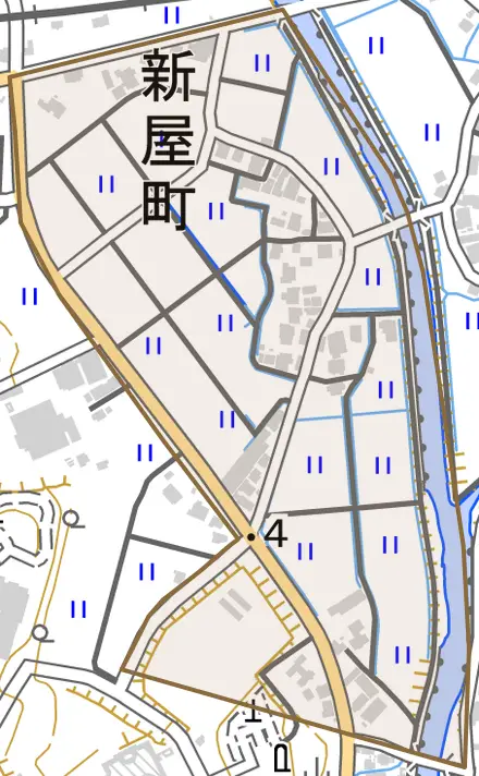 新屋町とその周辺の地図。町の範囲を重ねている