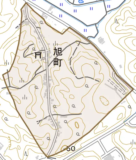 旭町とその周辺の地図。町の範囲を重ねている