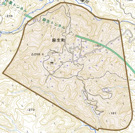 麻生町とその周辺の地図。町の範囲を重ねている